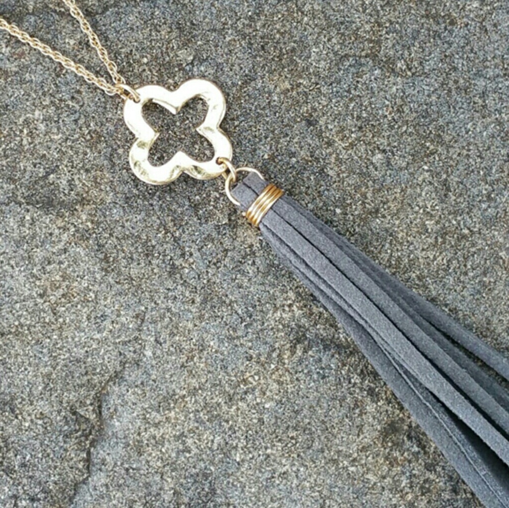 Gray Quatrefoil Tassel Necklace